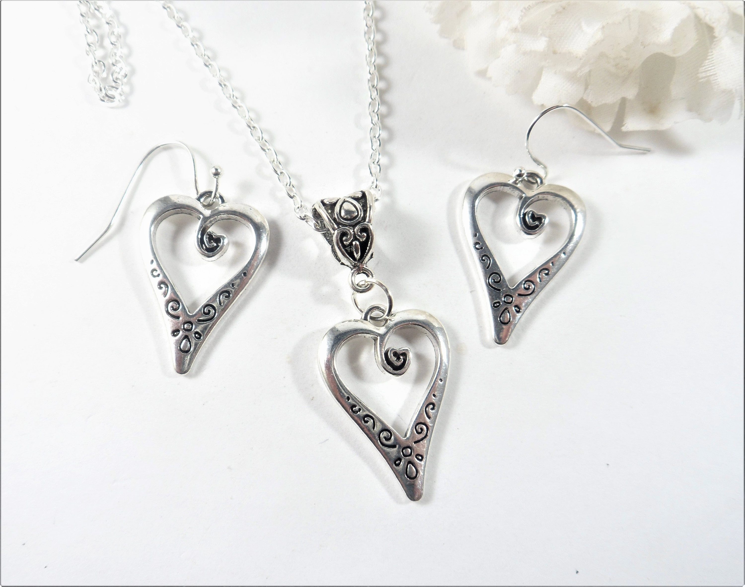 Silver Heart Earring Necklace Set - Etsy