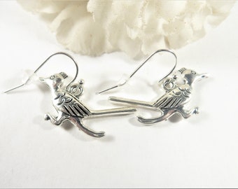 May include: A pair of silver-toned roadrunner earrings. Each earring features a detailed roadrunner design with a hook for pierced ears. The earrings are set against a white background, with a soft, white flower in the background.