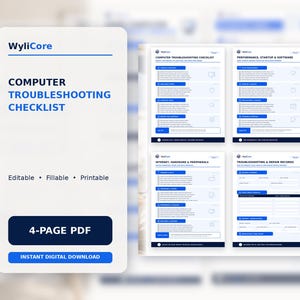 May include: A 4-page digital computer troubleshooting checklist document by WyliCore. The white pages feature blue headers and text, including sections for computer maintenance, performance, startup, software, internet, hardware, and repair records.