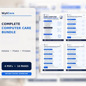Puede incluir: Un paquete digital titulado WyliCore Complete Computer Care Bundle que incluye cuatro listas de verificación imprimibles: mantenimiento, configuración, solución de problemas y seguridad informática. Incluye 4 PDF y 16 páginas.