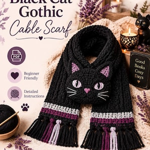 Puede incluir: Una bufanda de ganchillo negra con una cara de gato, orejas interiores moradas, nariz rosa y bigotes blancos. La bufanda tiene textura de cable, rayas horizontales en gris y morado, y flecos en negro, morado y gris claro en los extremos.