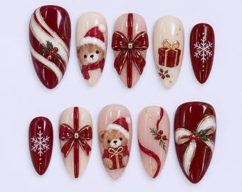 Christmas Teddy Bear Press-On Nails | Red Bow, Snowflake Candy Stripes (Long Almond)