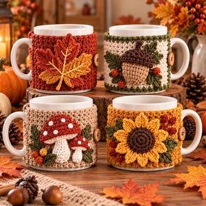 May include: Four white ceramic mugs, each wrapped in a unique crocheted cozy. The cozies feature detailed yarn appliques: a large orange maple leaf, a brown acorn with green leaves, two red and white mushrooms, and a yellow sunflower with berries.