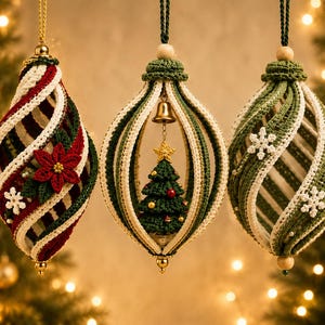 May include: Three hanging crochet ornaments with intricate designs. The left features red, green, and white stripes with a poinsettia. The center contains a miniature Christmas tree and bell. The right displays green and white stripes with snowflakes.