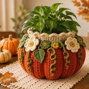 May include: A round, orange crocheted pumpkin planter featuring a cream-colored ruffled top edge, decorated with white and yellow crocheted flowers, green leaves, and curly green vines. A green leafy plant is potted inside the pumpkin.