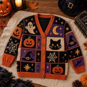 Modello per cardigan patchwork di Halloween all'uncinetto, maglione con motivi colorati di fantasma, zucca e gatto, PDF