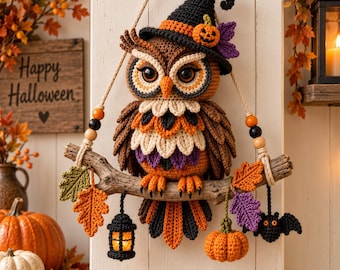 May include: A crocheted owl wall hanging featuring a black witch hat with a small pumpkin, perched on a wooden branch. The owl has brown, orange, and purple feathers. Hanging from the branch are crocheted autumn leaves, a lantern, and a bat.