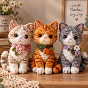 Puede incluir: Tres muñecos de gato tejidos a ganchillo sentados uno al lado del otro. El gato de la izquierda es beige y blanco con un collar de flores rosas. El gato del medio es atigrado naranja con una bufanda verde y una calabaza. El gato de la derecha es gris y blanco con un collar morado y flores.