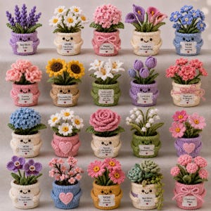 May include: A collection of twenty small, crocheted potted plants featuring various flowers like lavender, daisies, sunflowers, roses, and succulents. Each pot has a smiling face and a small white tag with text expressing appreciation.