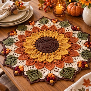 May include: A round, crocheted doily featuring a central dark brown circle surrounded by layers of yellow, orange, and rust-colored petals. The outer edge includes green crocheted leaves and small clusters of red, orange, and yellow berries.