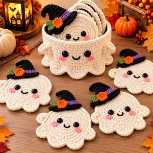 Modèle de sous-verres fantômes d'Halloween au crochet, ensemble porte-sous-verres chapeaux de sorcière, téléchargement numérique, PDF