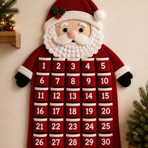 May include: A crocheted Santa Claus wall hanging functioning as an advent calendar. The design features a red hat, a white beard, and thirty individual red pockets, each labeled with white numbers from 1 to 30, arranged in a grid on the body.