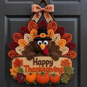 Op de afbeelding: Een gehaakte kalkoen-wandhanger met een bruine kalkoen die een zwarte pelgrimshoed draagt, omringd door een waaier van kleurrijke herfstbladeren. Onder de kalkoen hangt een beige bord met de tekst Happy Thanksgiving en drie oranje pompoenen.