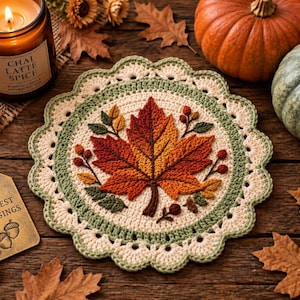 May include: A round, crocheted doily featuring a central, textured maple leaf in shades of red, orange, and yellow, surrounded by small green leaves and brown berries, with a scalloped cream and sage green border on a dark wooden surface.