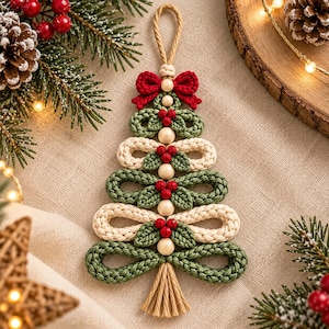 Op de afbeelding: Een macramé kerstboomornament met afwisselende lagen van crèmekleurige en saliegroene touwlussen, geaccentueerd met houten kralen en kleine rode gehaakte hulstbessen. Een rode gehaakte strik zit aan de bovenkant met een lus om op te hangen.
