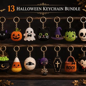 May include: A collection of 13 Halloween-themed crochet keychains displayed on a wooden rack. The set includes a bat, pumpkin, ghost, black cat, witch hat, Frankenstein, skull, cauldron, candy corn, mummy, spider, coffin, and a vampire figure.