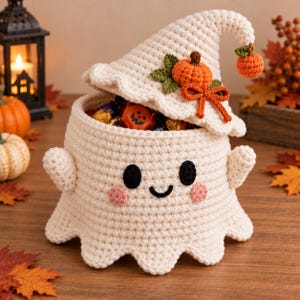 Crochet Ghost Candy Basket with Witch Hat Lid, Halloween Treat Holder (PDF Pattern)