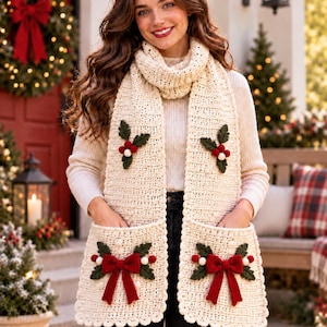 May include: A cream-colored crocheted scarf featuring two large pockets, each decorated with a red bow, dark green leaves, and small white berries. The scarf also displays two additional holly motifs with red berries and green leaves on the upper section.