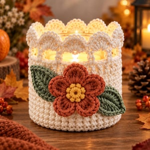 Puede incluir: Un portavelas de ganchillo color crema con un borde superior festoneado y una aplicación decorativa de una flor color naranja óxido con centro amarillo, flanqueada por dos hojas de ganchillo verde oscuro en el frente de la estructura cilíndrica.
