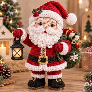 Könnte beinhalten: Eine gehäkelte Weihnachtsmann-Figur in einem roten Anzug mit weißem Besatz, einem schwarzen Gürtel mit gelber Schnalle und schwarzen Stiefeln. Die Figur hält eine kleine schwarze Laterne und trägt einen grünen Sack voller Geschenke auf dem Rücken.