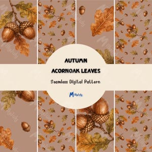 Könnte beinhalten: Ein nahtloses digitales Muster mit Aquarellillustrationen von braunen Eicheln und orangefarbenen Eichenblättern auf hellbraunem Hintergrund. Der zentrale kreisförmige Text lautet AUTUMN ACORNOAK LEAVES Seamless Digital Pattern mit dem MillyJuly-Logo.