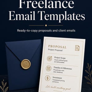 Könnte beinhalten: Ein dunkelblauer Umschlag mit einem goldenen Wachssiegel mit den Buchstaben IF, neben einem weißen Dokument mit dem Titel Proposal Project Proposal mit Abschnitten für Project Scope, Timeline & Milestones und Investment, einschließlich des Textes Let's build something great.