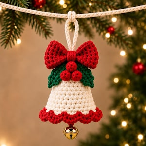 May include: A crocheted bell ornament featuring a cream-coloured body with a red scalloped edge, topped with a large red bow and three green holly leaves with red berries. A small gold-coloured metal bell hangs from the centre of the base.
