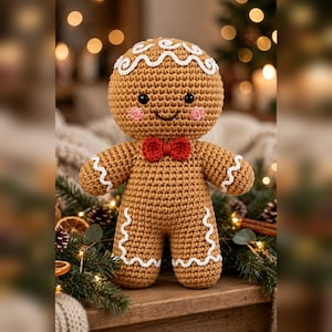 May include: A tan crochet gingerbread person doll featuring white wavy icing details on the head, arms, and legs. The doll has black bead eyes, a stitched smile, pink cheeks, and a small red bow tie attached to the neck area.