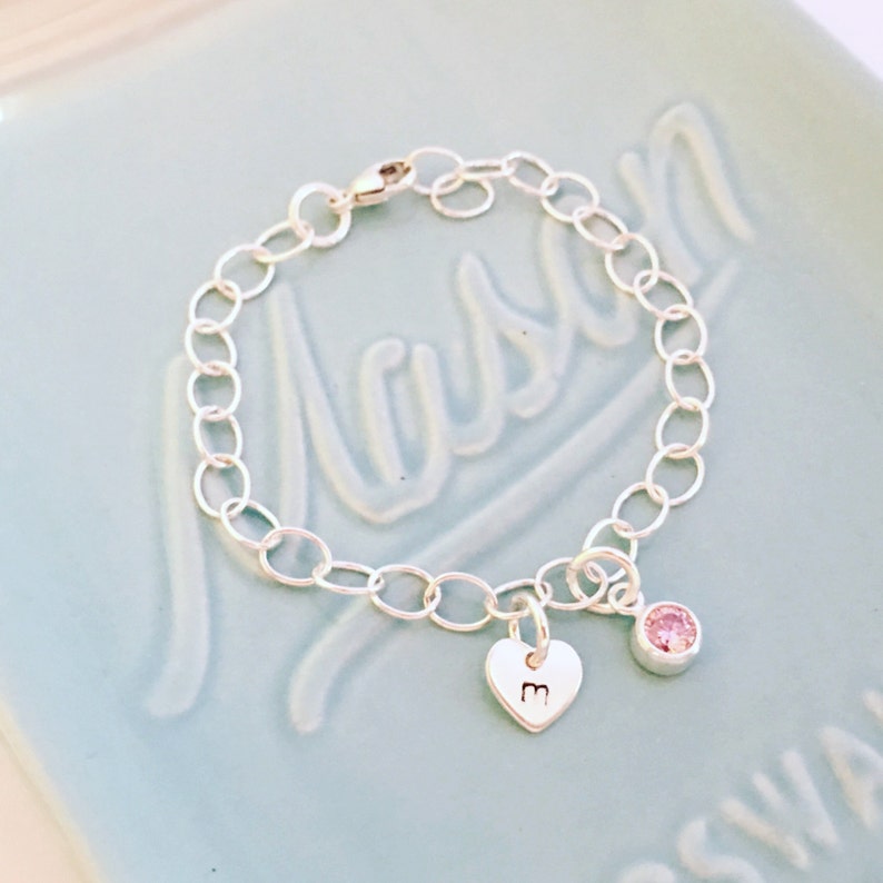 Birthstone Initial Bracelet Personalized Initial Bracelet Custom Initial Bracelet Heart Initial Bracelet Woman/'s Initial Bracelet