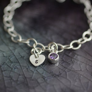 Initial Bracelet - Sterling Silver Charm Bracelet - Custom Size Bracelet - Charm Bracelet - Heart Bracelet - Heart Initial - Birthstone Gift