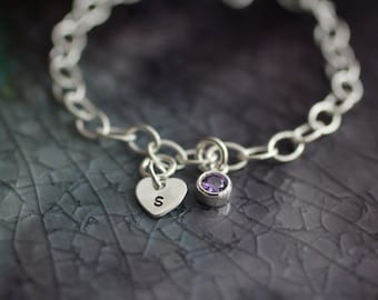 Initial Bracelet - Sterling Silver Charm Bracelet - Custom Size Bracelet - Charm Bracelet - Heart Bracelet - Heart Initial - Birthstone Gift