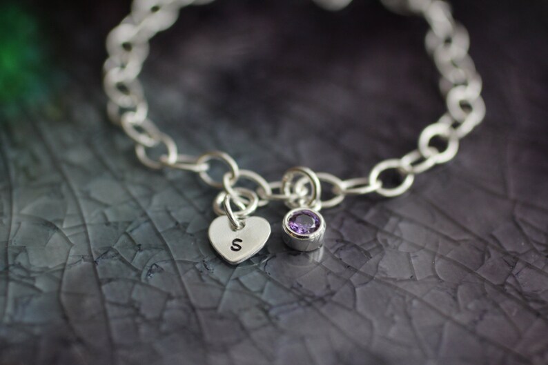 Birthstone Initial Bracelet Personalized Initial Bracelet Custom Initial Bracelet Heart Initial Bracelet Woman/'s Initial Bracelet