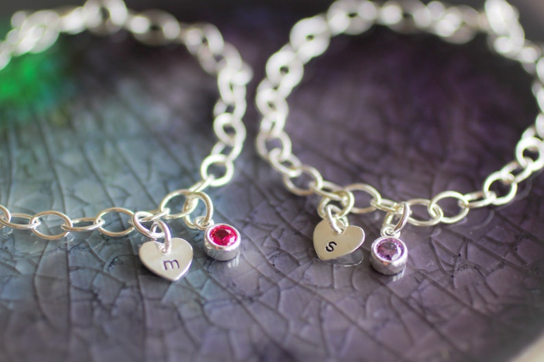 Birthstone Initial Bracelet Personalized Initial Bracelet Custom Initial Bracelet Heart Initial Bracelet Woman/'s Initial Bracelet