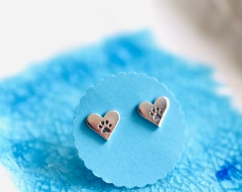Mini Heart Paw Print Earrings - Sterling Silver Paw Print - Paw Print -Dog Lover Jewelry - Dog Paw Charm  - Pet Charm - Silver Paw -