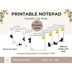 Peut inclure: Un ensemble de pages de bloc-notes imprimables intitulé Doodle Cat Note, comprenant 31 pages aux designs variés. Chaque page mesure 9 cm sur 9 cm et présente des illustrations de chats noirs, des soleils jaunes, des fleurs et un calendrier.