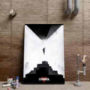 Può includere: Un poster rettangolare con un design grafico in bianco e nero di una persona che fluttua verso un vuoto triangolare scuro sopra una struttura a gradoni. La parola CONTROL è stampata in bianco in basso, centrata su un triangolo rosso rovesciato.