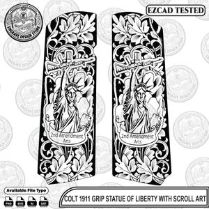 Pode incluir: Um par de talas para pistola Colt 1911 em preto e branco com uma gravação da Estátua da Liberdade segurando um rifle acima da cabeça. O design inclui volutas detalhadas, padrões florais e uma faixa com o texto 2nd Amendment Arts.