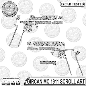 May include: A black and white digital design file featuring intricate scrollwork patterns for a Girsan MC 1911 pistol. The graphic includes various component outlines decorated with detailed floral engravings and the text EZCAD TESTED.