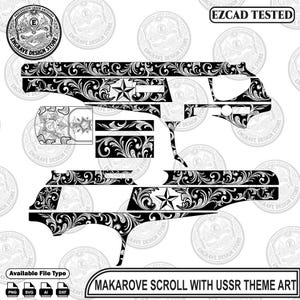 Pode incluir: Um arquivo vetorial digital em preto e branco para uma pistola Makarov com padrões de volutas intrincados, uma estrela de cinco pontas e emblemas soviéticos. O gráfico inclui o texto EZCAD TESTED e MAKAROVE SCROLL WITH USSR THEME ART.
