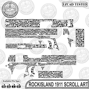 May include: A digital design file set featuring intricate black and white scrollwork patterns for a Rock Island 1911 firearm. The collection includes various shaped components with detailed floral engravings, labeled EZCAD TESTED and ROCKISLAND 1911 SCROLL ART.