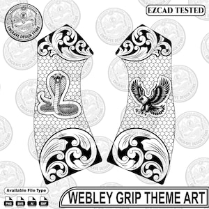 May include: Two black and white digital grip panels featuring intricate scrollwork and scale patterns. The left panel displays a cobra, while the right panel features an eagle. The text EZCAD TESTED and WEBLEY GRIP THEME ART are visible.