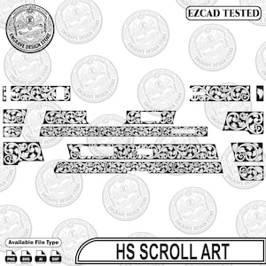 Könnte beinhalten: Ein digitales Grafik-Dateiset mit schwarz-weißen Rankenmustern, die in verschiedenen rechteckigen und geometrischen Formen angeordnet sind. Das Bild enthält den Text "EZCAD TESTED" und "HS SCROLL ART" sowie Symbole für PNG, SVG, AI und DXF-Dateitypen.