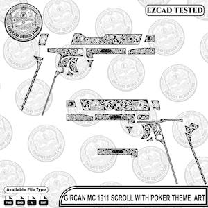 May include: A black and white digital design file for laser engraving featuring scrollwork patterns and poker-themed imagery including playing cards and suits. The layout displays components for a Gircan MC 1911 pistol with the text EZCAD TESTED.