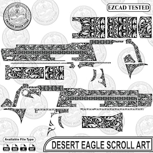 May include: A digital design file for a Desert Eagle featuring intricate black and white scrollwork patterns. The image includes various component layouts, the text "EZCAD TESTED" and "DESERT EAGLE SCROLL ART," and icons for PNG, SVG, AI, and DXF file formats.