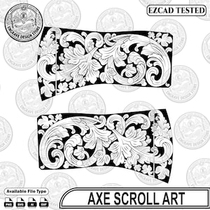 May include: A digital graphic design file featuring two black and white axe head templates decorated with intricate floral scrollwork patterns. The image includes the text "EZCAD TESTED" and "AXE SCROLL ART" along with file format icons for PNG, SVG, AI, and DXF.
