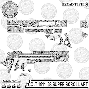 Pode incluir: Um arquivo vetorial digital em preto e branco com padrões de volutas complexos projetados para uma pistola Colt 1911 .38 Super. A imagem inclui vários contornos de componentes com gravações detalhadas, com o texto EZCAD TESTED e COLT 1911 .38 SUPER SCROLL ART.