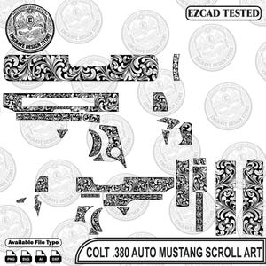Könnte beinhalten: Eine digitale Designdatei für eine Colt .380 Auto Mustang mit komplexen schwarz-weißen Rankenmustern. Das Layout enthält verschiedene Komponentenformen für Gravuren sowie die Textbeschriftungen EZCAD TESTED und COLT .380 AUTO MUSTANG SCROLL ART.