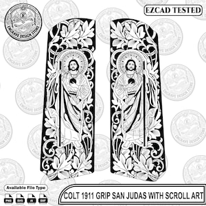 May include: A pair of black and white Colt 1911 pistol grips featuring an engraved design of San Judas holding a staff and orb, surrounded by intricate scrollwork patterns. The text "EZCAD TESTED" and "COLT 1911 GRIP SAN JUDAS WITH SCROLL ART" is visible.