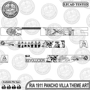 Könnte beinhalten: Eine schwarz-weiße digitale Designdatei für eine RIA 1911 Pistole mit Pancho Villa Motiven, darunter Porträts, eine Gruppe von Soldaten, der Text REVOLUCION sowie Ciudad Juarez, Chihuahua. Die Datei ist mit EZCAD TESTED gekennzeichnet und enthält Dateitypen.