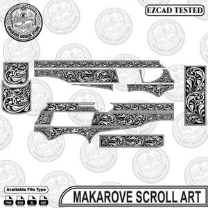 Pode incluir: Um conjunto de arquivos de design digital com padrões de volutas em preto e branco para uma pistola Makarov. A coleção inclui vários painéis moldados com gravuras florais complexas, rotulados como Makarov Scroll Art com o texto EZCAD Tested.